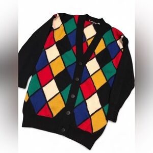 Vintage 1980’s multi-colored harlequin wool blend cardigan. Small-large